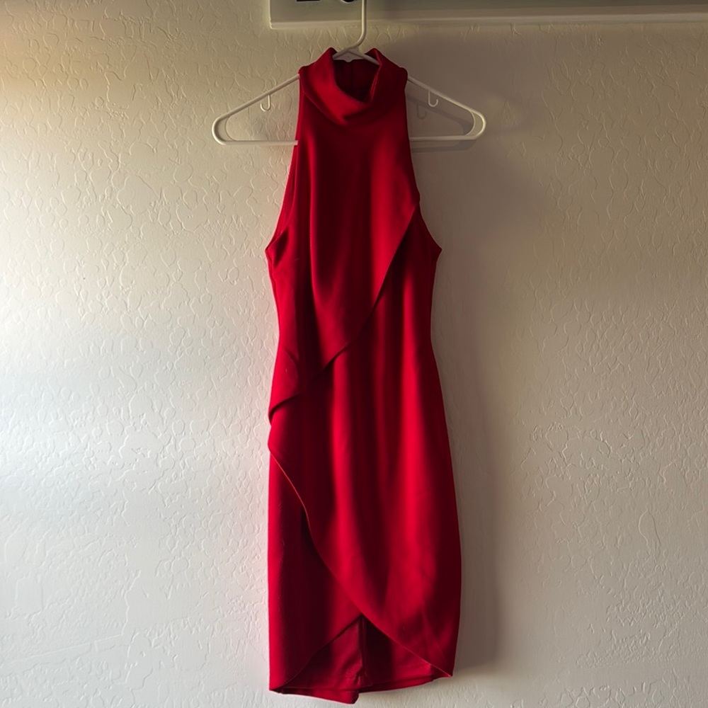 Bailey 44 Red Asymmetrical Halter Sheath Dress
